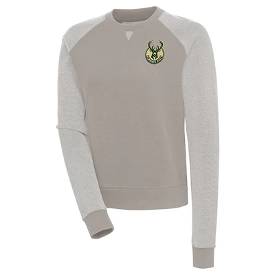 Women's Antigua  Oatmeal Milwaukee Bucks Flier Bunker Tri-Blend Pullover Sweatshirt