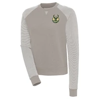 Women's Antigua  Oatmeal Milwaukee Bucks Flier Bunker Tri-Blend Pullover Sweatshirt