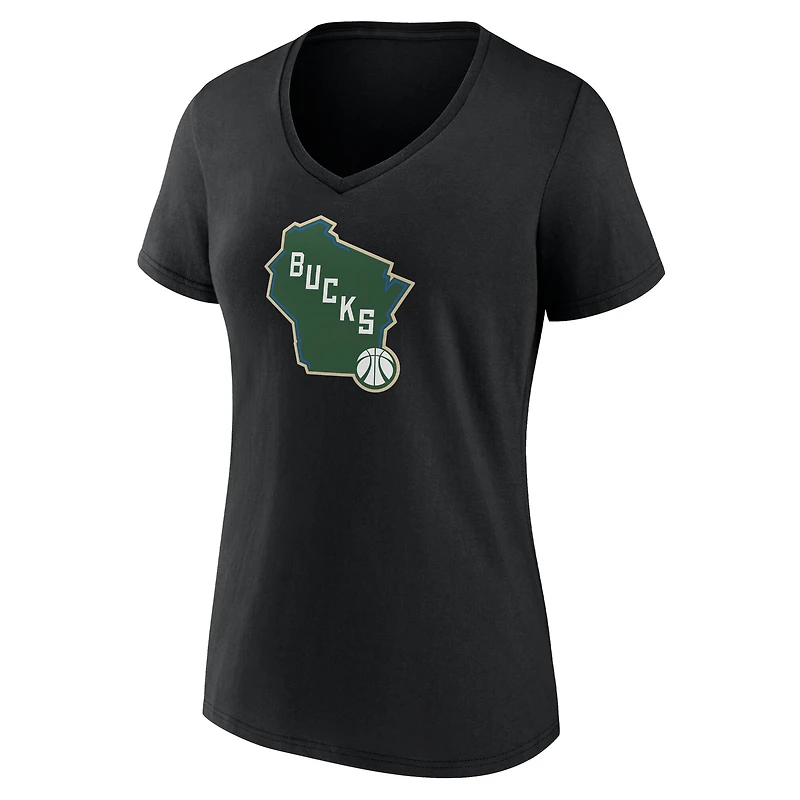 T-shirt blanc à col en V pour femme, logo alternatif des Milwaukee Bucks