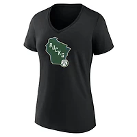 T-shirt blanc à col en V pour femme, logo alternatif des Milwaukee Bucks