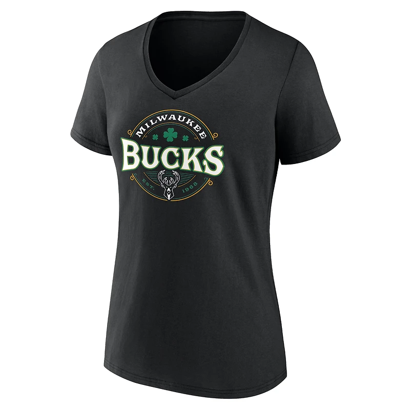 T-shirt noir à col en V porte-bonheur Milwaukee Bucks pour femmes