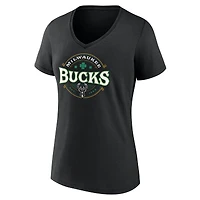 T-shirt noir à col en V porte-bonheur Milwaukee Bucks pour femmes