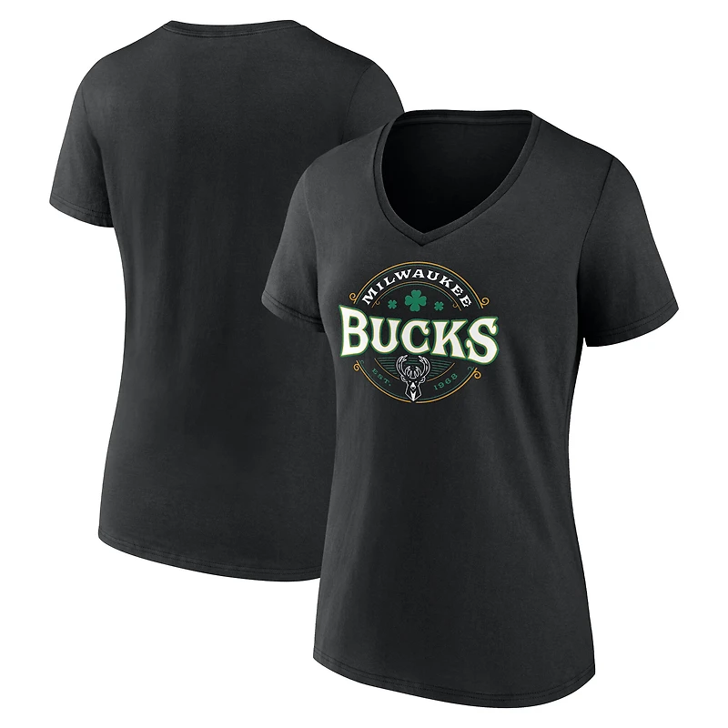 T-shirt noir à col en V porte-bonheur Milwaukee Bucks pour femmes