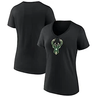 T-shirt blanc à col en V pour femme avec logo principal des Milwaukee Bucks
