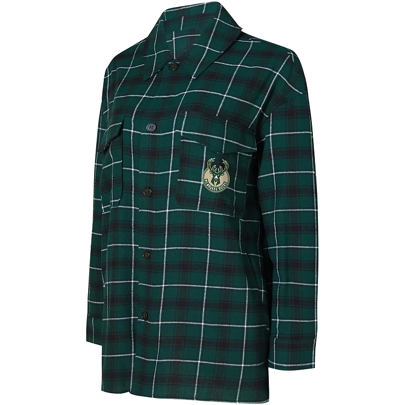 Women's College Concepts Hunter Green/Black Milwaukee Bucks Boyfriend Button-Up Nightshirt