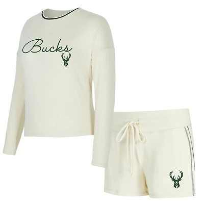 Women's Concepts Sport Cream Milwaukee Bucks Kaki Hacci Knit Long Sleeve T-Shirt & Shorts Set