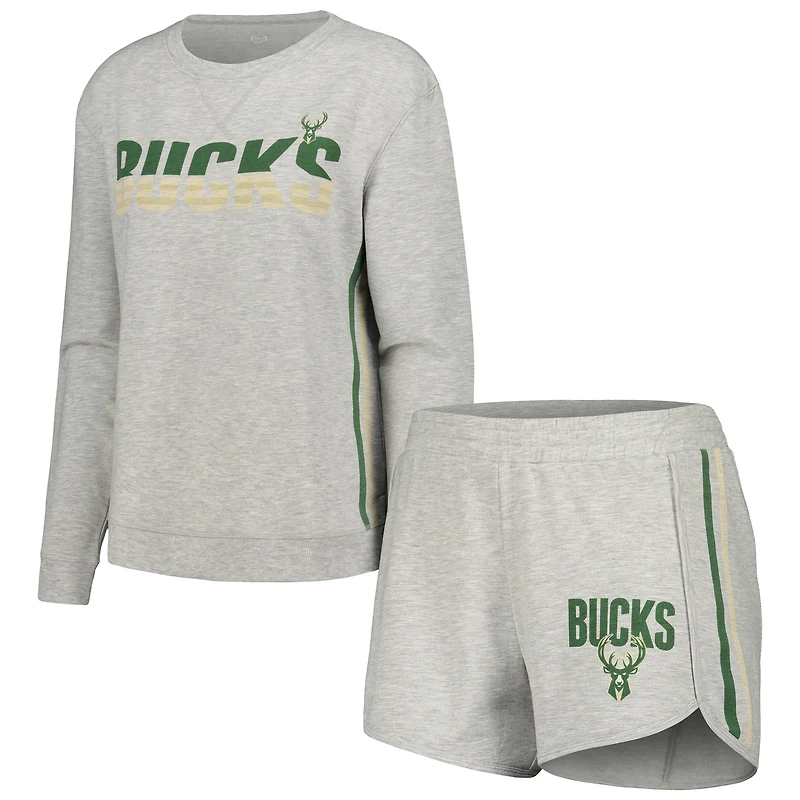 Ensemble de nuit pour femme Concepts Sport Gray Milwaukee Bucks Cedar avec haut à manches longues et short
