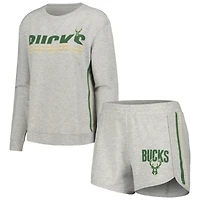 Ensemble de nuit pour femme Concepts Sport Gray Milwaukee Bucks Cedar avec haut à manches longues et short