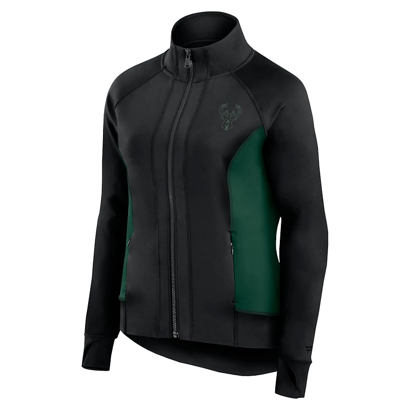 Veste de survêtement sport ajustée et zippée Milwaukee Bucks Studio Fanatics pour femmes noire