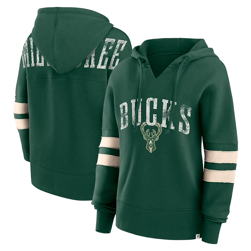 Sweat à capuche col en V Fanatics Hunter Green Milwaukee Bucks Bold Move Dolman pour femmes