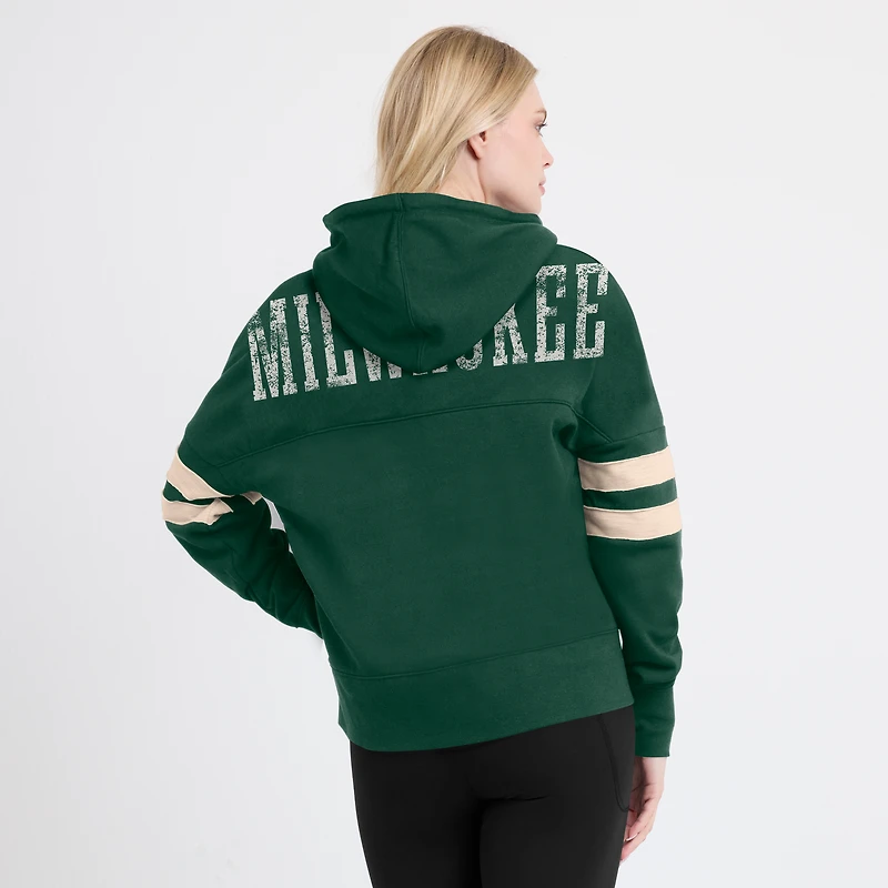 Sweat à capuche col en V Fanatics Hunter Green Milwaukee Bucks Bold Move Dolman pour femmes