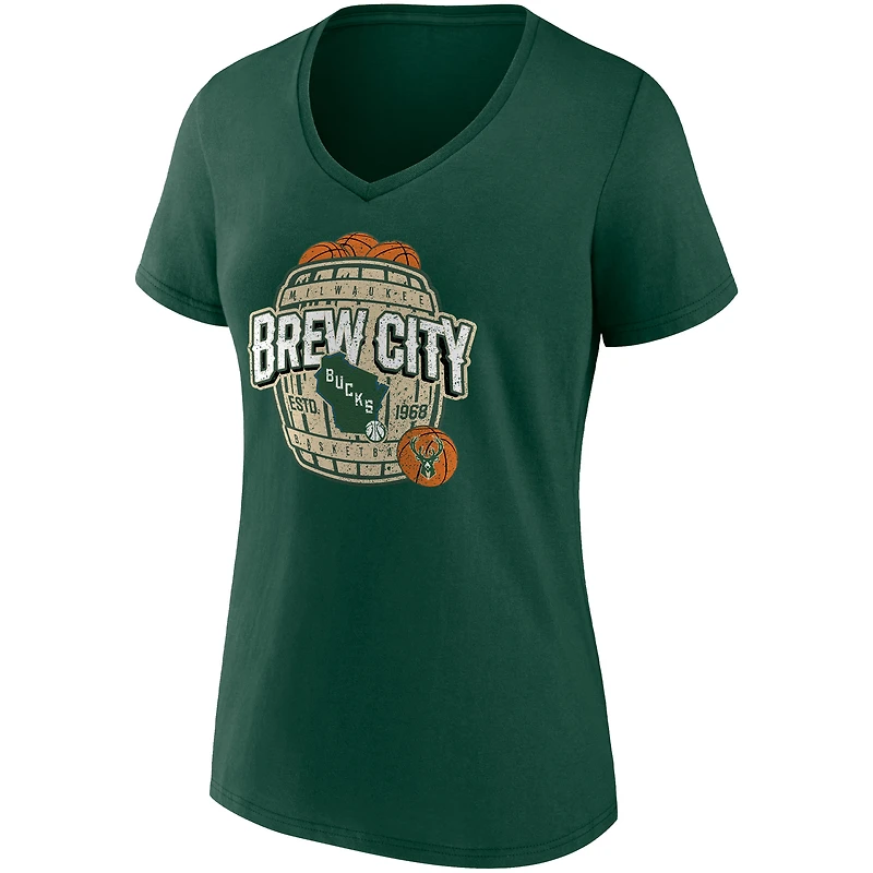 Fanatics Hunter Green Milwaukee Bucks Hometown Collection Brew City T-shirt à col en V pour femmes