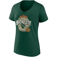 Fanatics Hunter Green Milwaukee Bucks Hometown Collection Brew City T-shirt à col en V pour femmes
