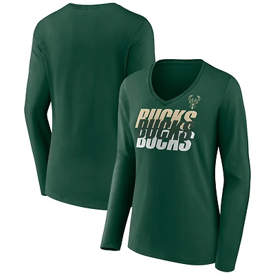 T-shirt à manches longues et col en V emblématique des Milwaukee Bucks Fanatics Hunter Green pour femmes