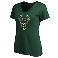 Women's Fanatics Hunter Green Milwaukee Bucks Primary Logo Team V-Neck T-Shirt