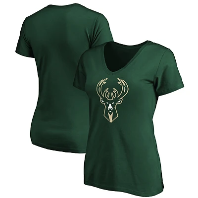 Women's Fanatics Hunter Green Milwaukee Bucks Primary Logo Team V-Neck T-Shirt