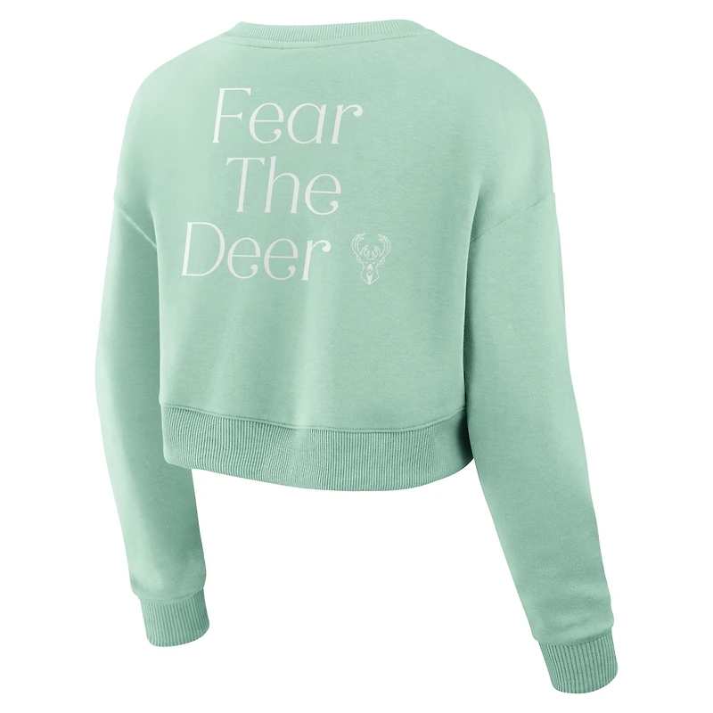 Women's Fanatics Mint Milwaukee Bucks Studio Tri-Blend Cropped Pullover Sweatshirt