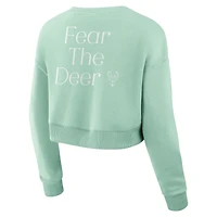 Women's Fanatics Mint Milwaukee Bucks Studio Tri-Blend Cropped Pullover Sweatshirt