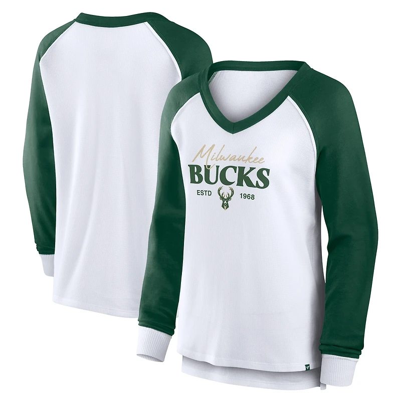 T-shirt à manches longues et col en V Open Lane Waffle de Milwaukee Bucks Fanatics pour femme