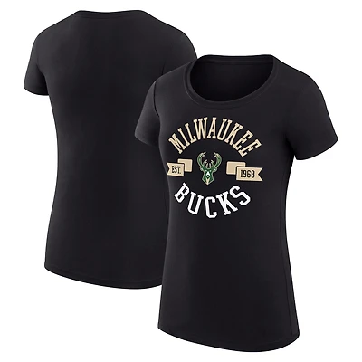 T-shirt léger G-III 4Her pour femme par Carl Banks, coupe ultra-ajustée, noir, avec grand logo de la ville, Milwaukee Bucks