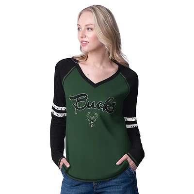 T-shirt thermique à manches longues en tricot gaufré G-III 4Her by Carl Banks pour femme, vert chasseur/crème, Milwaukee Bucks Winner