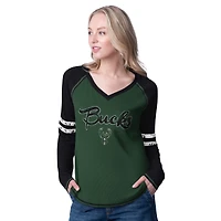T-shirt thermique à manches longues en tricot gaufré G-III 4Her by Carl Banks pour femme, vert chasseur/crème, Milwaukee Bucks Winner
