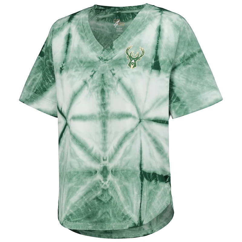 Women's G-III 4Her by Carl Banks Hunter Green Milwaukee Bucks Tournament Raglan Oversized Tie-Dye V-Neck T-Shirt