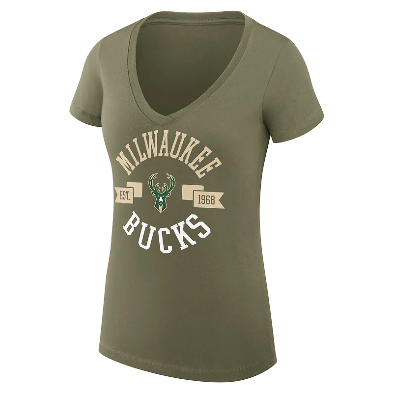 Women's G-III 4Her by Carl Banks Olive Milwaukee Bucks Super-Slim Fit Lightweight Large City Logo V-Neck T-Shirt