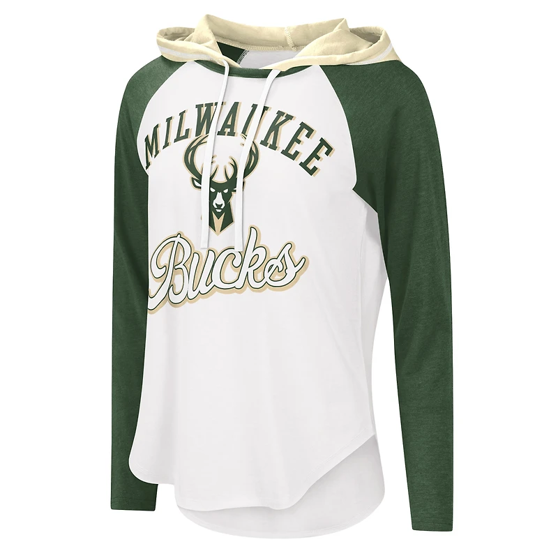 Women's G-III 4Her by Carl Banks White Milwaukee Bucks MVP Raglan Hoodie Long Sleeve T-Shirt