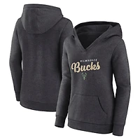 Sweat à capuche col en V Triumphant Milwaukee Bucks pour femme, couleur anthracite chiné, logo Athletic