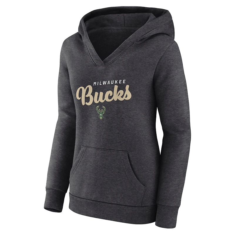 Sweat à capuche col en V Triumphant Milwaukee Bucks pour femme, couleur anthracite chiné, logo Athletic