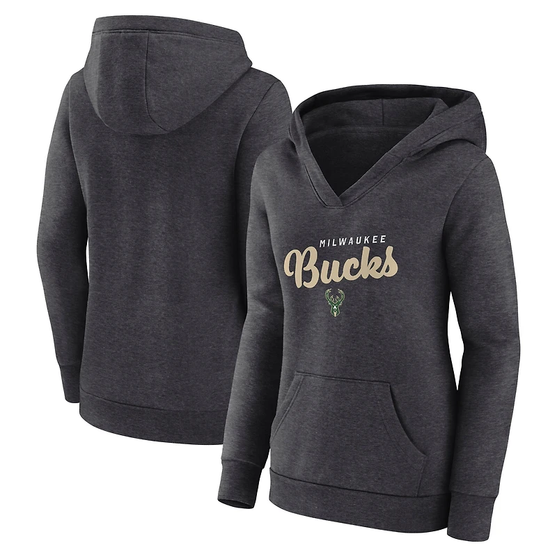 Sweat à capuche col en V Triumphant Milwaukee Bucks pour femme, couleur anthracite chiné, logo Athletic
