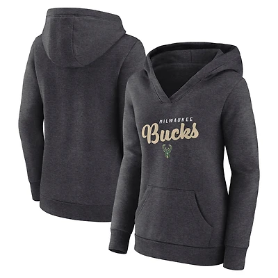 Sweat à capuche col en V Triumphant Milwaukee Bucks pour femme, couleur anthracite chiné, logo Athletic