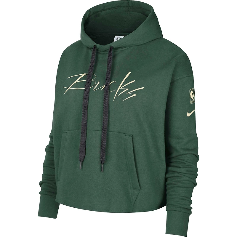 Sweat à capuche court enfiler pour femme Nike Hunter Green Milwaukee Bucks Split Flip Courtside