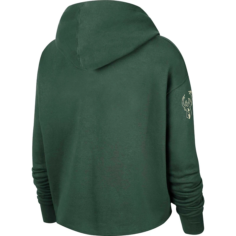 Sweat à capuche court enfiler pour femme Nike Hunter Green Milwaukee Bucks Split Flip Courtside