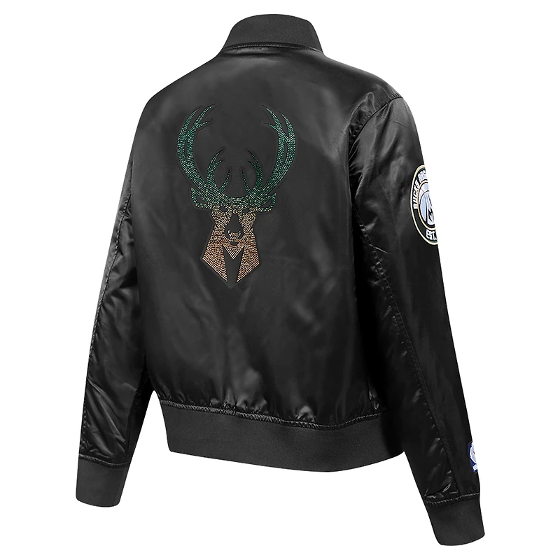 Women's Pro Standard Black Milwaukee Bucks Rhinestone Satin Full-Snap Jacket