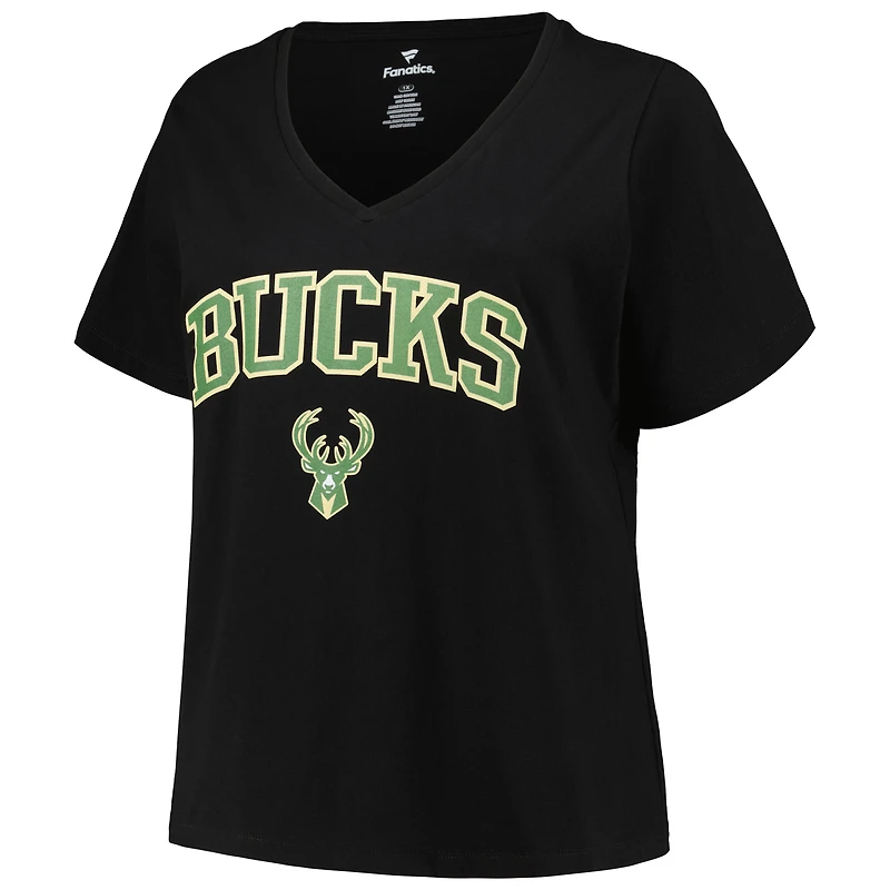 Women's Profile Black Milwaukee Bucks Plus Arch Over Logo V-Neck T-Shirt
