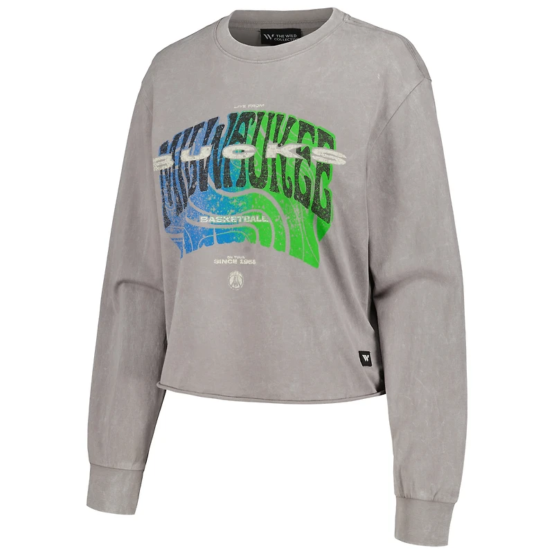 Women's The Wild Collective  Gray Milwaukee Bucks Band Cropped Long Sleeve T-Shirt