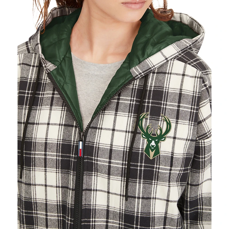 Women's Tommy Jeans Black/Cream Milwaukee Bucks Molly Flannel Full-Zip Hoodie