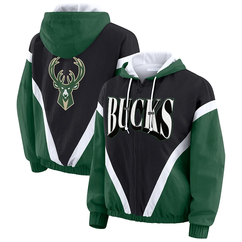 Veste coupe-vent à capuche entièrement zippée et colorblock Milwaukee Bucks noire/verte chasseur pour femme par Erin Andrews