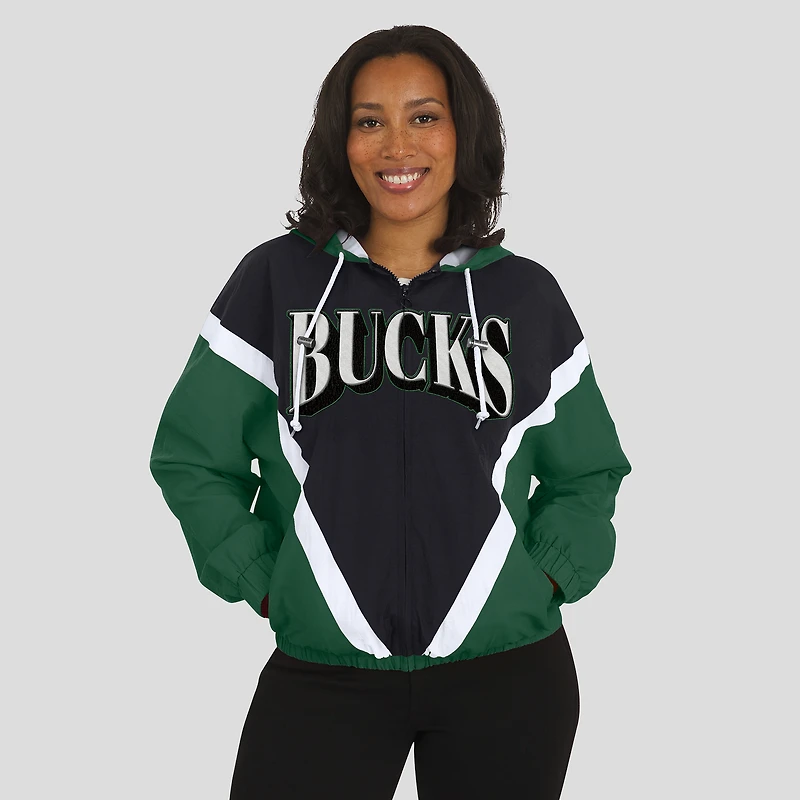 Women's WEAR by Erin Andrews Black/Hunter Green Milwaukee Bucks Colorblock Full-Zip Hoodie Windbreaker Jacket