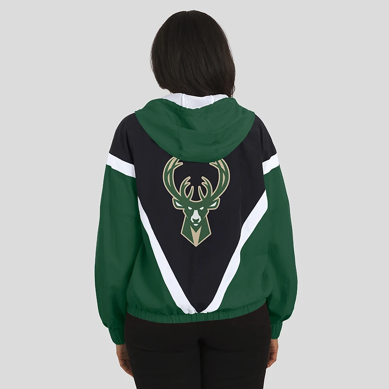 Veste coupe-vent à capuche entièrement zippée et colorblock Milwaukee Bucks noire/verte chasseur pour femme par Erin Andrews