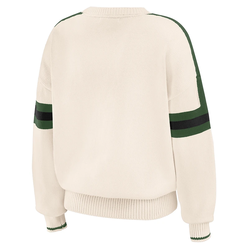 Women's WEAR by Erin Andrews  Cream Milwaukee Bucks Stripe Pullover Sweater