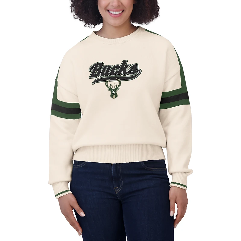 Women's WEAR by Erin Andrews  Cream Milwaukee Bucks Stripe Pullover Sweater