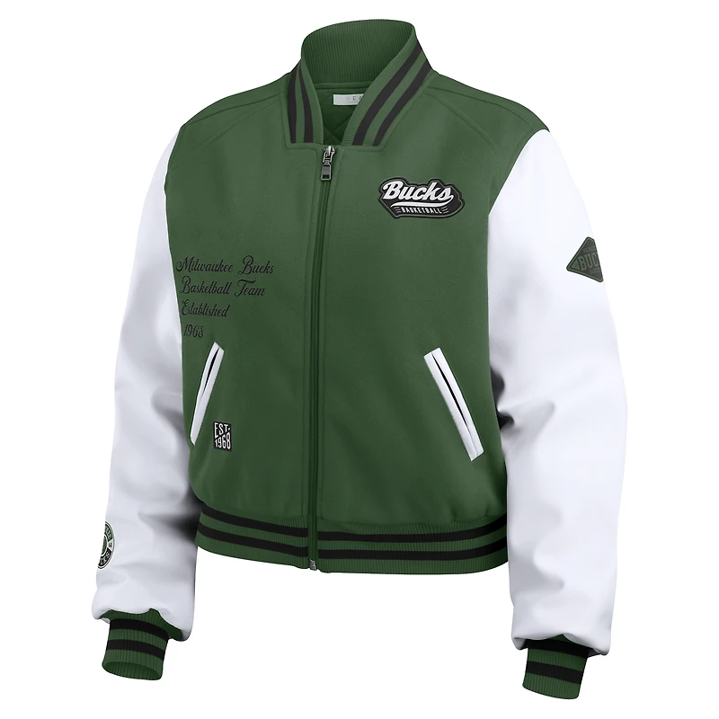 Veste courte zippée entièrement Milwaukee Bucks WEAR by Erin Andrews pour femme, vert chasseur/blanc
