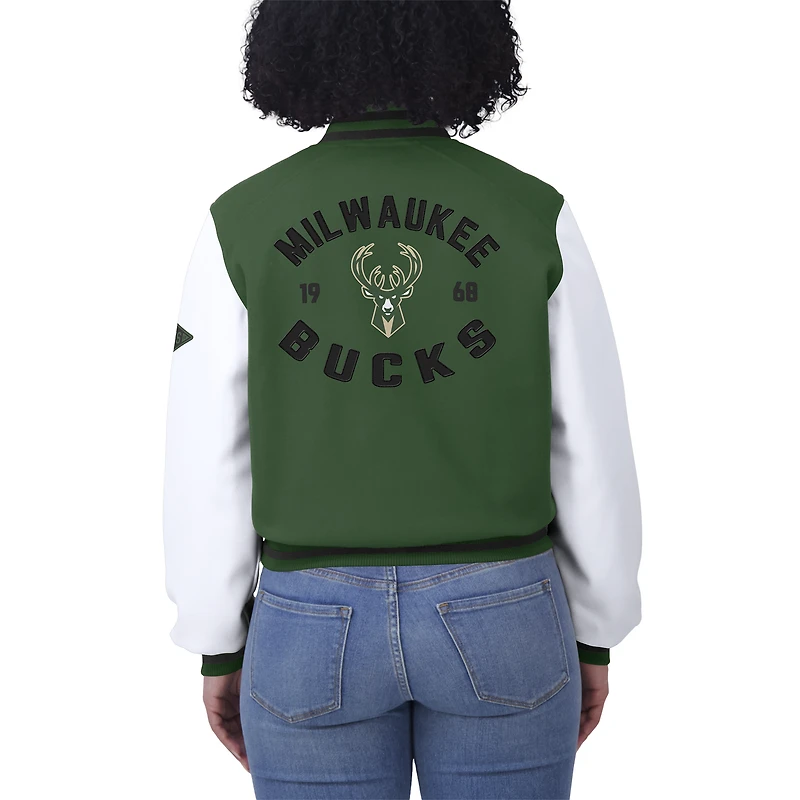 Women's WEAR by Erin Andrews Hunter Green/White Milwaukee Bucks Cropped Varsity Full-Zip Jacket
