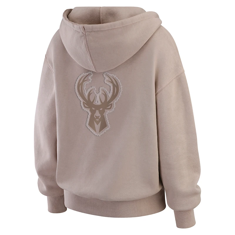 Women's WEAR by Erin Andrews  Tan Milwaukee Bucks Washed Pullover Crewdie