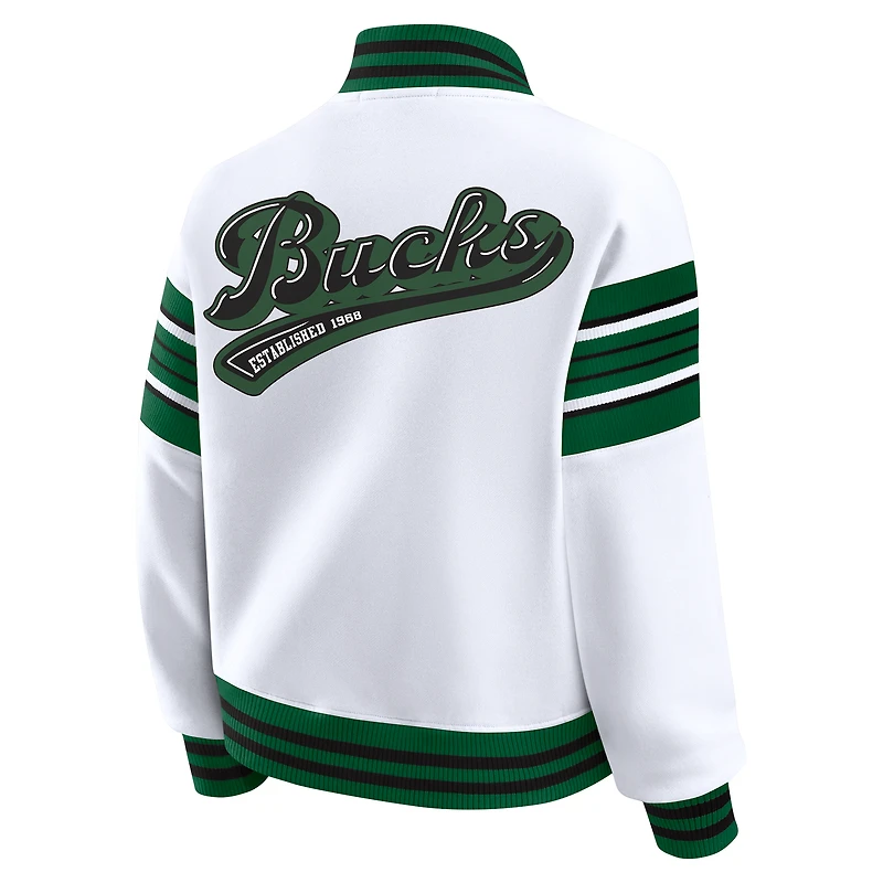 Women's WEAR by Erin Andrews White Milwaukee Bucks Full-Snap Fleece Sweatshirt Jacket