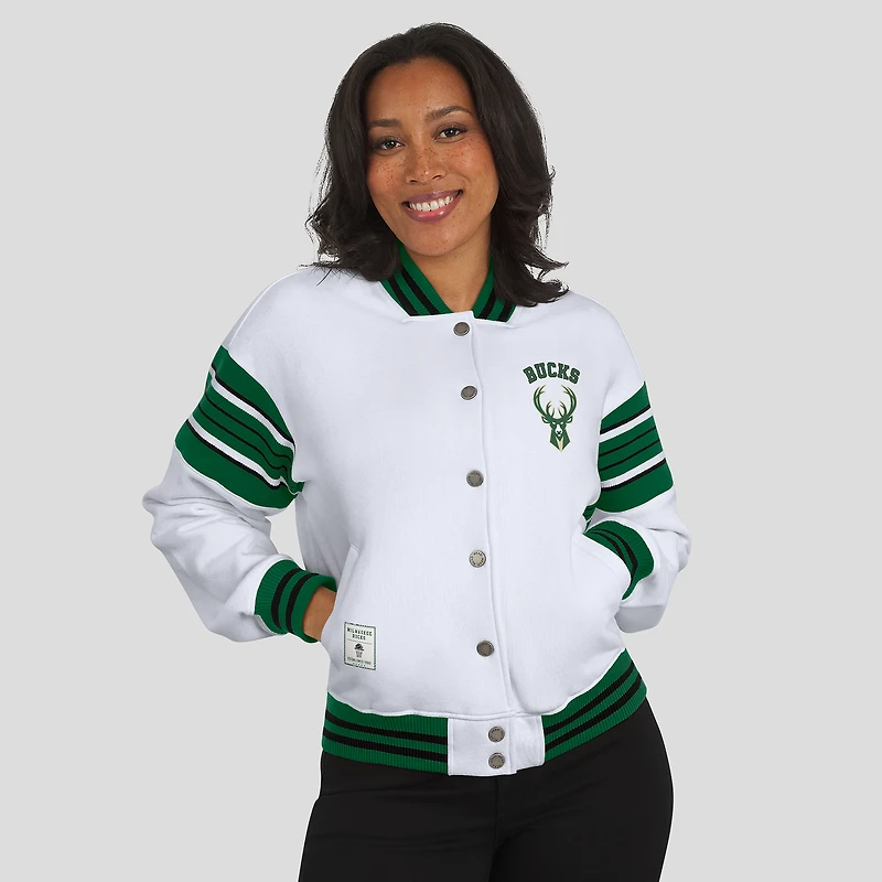 Women's WEAR by Erin Andrews White Milwaukee Bucks Full-Snap Fleece Sweatshirt Jacket