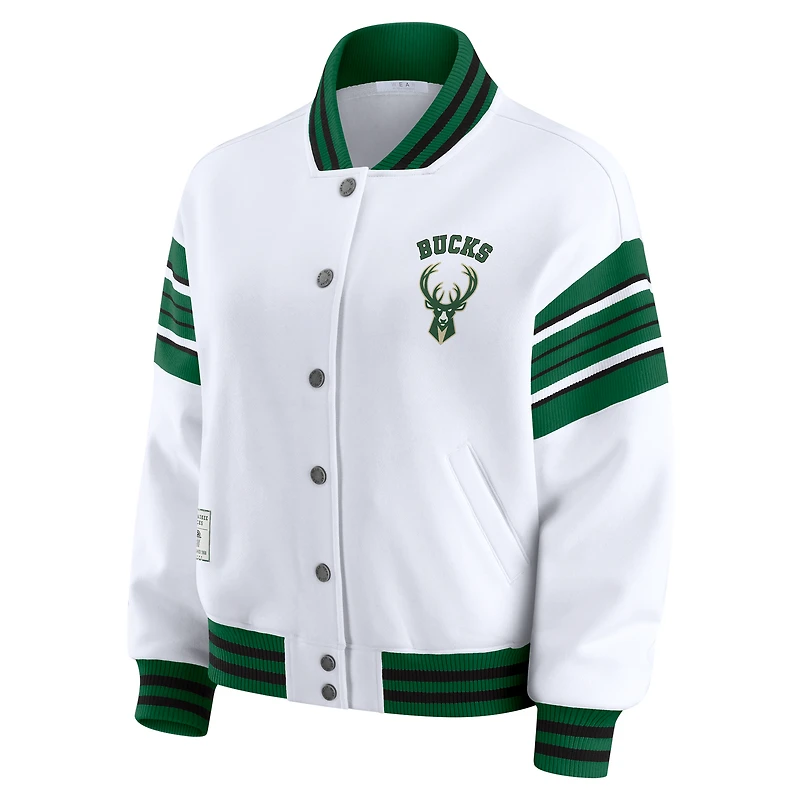 Sweat-shirt en polaire blanc à boutons-pression pour femme WEAR by Erin Andrews des Milwaukee Bucks